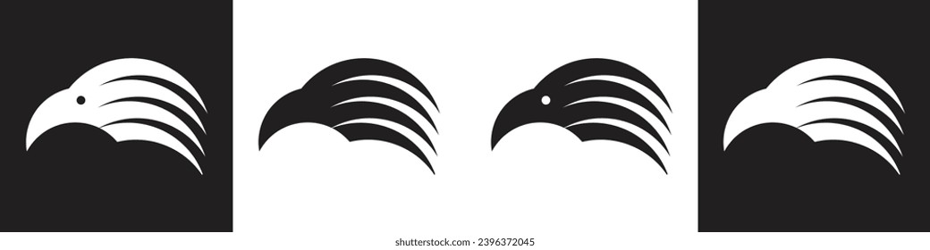 Bird of prey head logo design. Stylized eagle head symbol, simple minimal eagle sign. Collection of isolated graphic signs in two colors: black, white. Vector illustration.