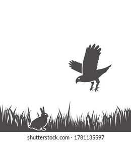 Bird of prey hunt a rabbit in the grass icon in flat style.Vector illustration.