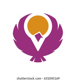 Bird of prey logo or insignia with a circular sun or moon behind.