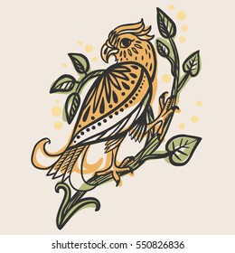 Bird of prey sitting on a branch. Vector hand drawn illustration in folkloric style
