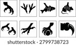 Bird of prey talon and claw vector silhouettes set catching fish mouse and stone in framed icons