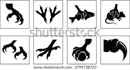 Bird of prey talon and claw vector silhouettes set catching fish mouse and stone in framed icons
