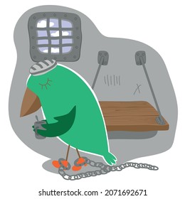 Pájaro en prisión. Ave en una jaula. Ilustración del vector