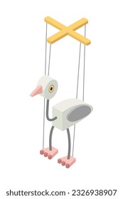 Bird puppet - isometric hand drawn vector illustration. Flat color design.