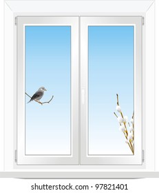 Bird and pussy willow branch in the window. Vector