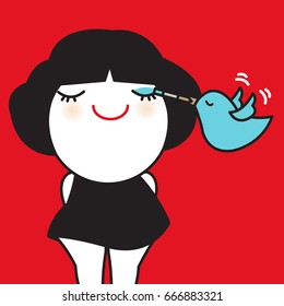 A Bird Putting Make-Up On A Cute Girl Concept Card Character illustration