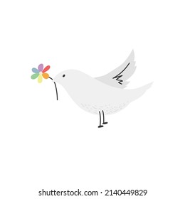 Bird with a rainbow flower hand drawn illustration. Vector design isolated on white background.