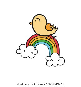 Bird and rainbow painted in childish style.