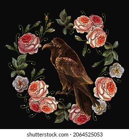 Bird raven and ring roses flowers. Embroidery gothic art. Night fairy tale style. Esoteric concept. Halloween template for clothes, t-shirt design