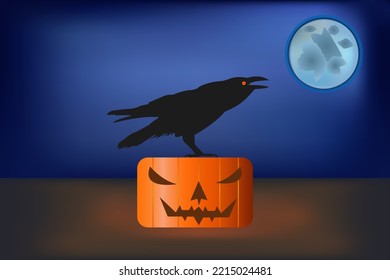 A bird, a raven sitting on a pumpkin, the night, the moon. The concept to the Helovin . Vector drawing.