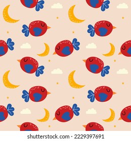 Bird red cartoon so cute.on moon star cloud background.seamless pattern vector illustration.
