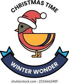 A bird with a red hat and a red and yellow body. The bird is on a banner that says Christmas time winter wonder