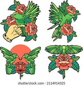 bird and red rose set vector illustration