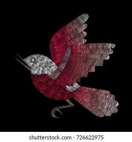bird. red sparrow. traditional stylish fashionable embroidered embroidery on a black background. sketch for printing on fabric, bag, clothes, accessories and design. trend vector
