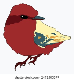 Der Vogel ist rot, steht auf zwei Beinen und dreht seinen Kopf zur Seite. Vektorgrafik Bild.