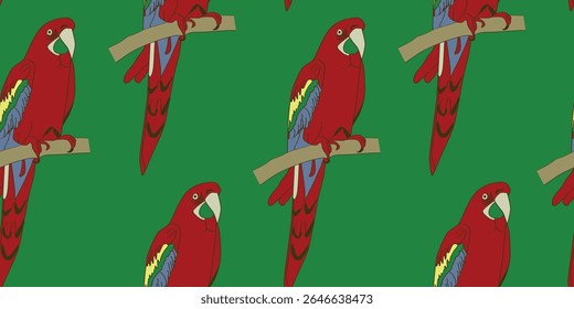 Bird red-and-yellow macaw seamless pattern vector illustration isolate white background.