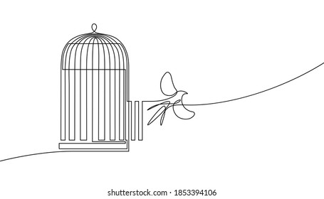 Bird released from birdcage in continuous line art drawing style  Bird flying away from open cage  Rescue  freedom   new opportunities  Minimalist black linear sketch isolated white background