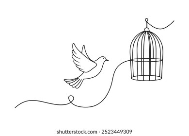 
Bird released from birdcage continuous line art isolated on white background