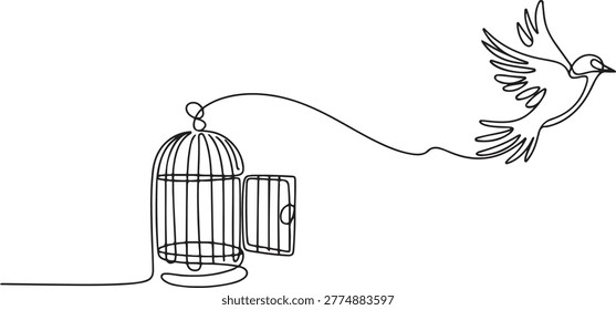 bird released from birdcage continuous one line drawing, Bird released from birdcage in continuous line art drawing style. Bird flying away from open cage.one line Art icon drawing vector
