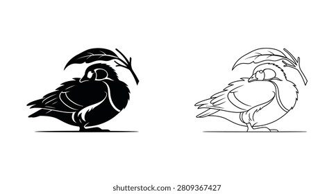 Bird resting with leaf branch silhouette icon
