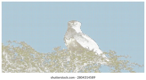 Bird resting on a textured grassy field. Artistic graphic design illustration created with colorful halftone dots, creating a nature scene on blue sky.