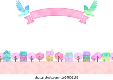 Bird with ribbon. Spring hand drawn watercolor style illustration