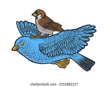 Bird ride bird while flying line art color sketch engraving vector illustration. T-shirt apparel print design. Scratch board imitation. Black and white hand drawn image.