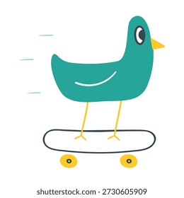 Vector plano del monopatín del pájaro, carácter minimalista divertido en movimiento, ilustración animal Urbana
