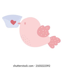 bird with a romantic envelope. Saint valentines day romantic holiday celebration and sending greeting cards.