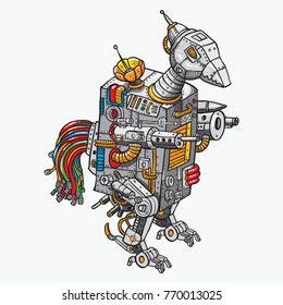 bird or rooster war robotic color doodle with white background 