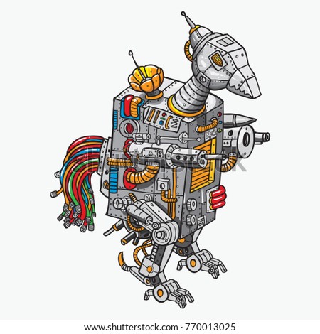bird or rooster war robotic color doodle with white background 
