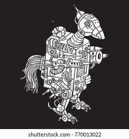 bird or rooster war robotic doodle with black background 