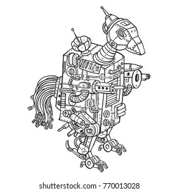 bird or rooster war robotic hand drawing doodle with white background 