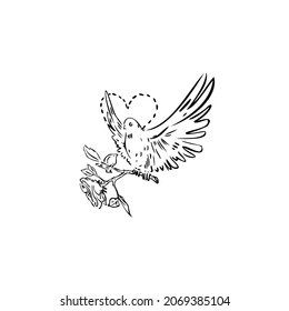 Vogel, Rose, Herz-Vektorgrafik-Kunst handzeichnen.