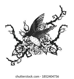 Bird with rose tattoo vector by hand drawing.Beautiful flower on white background.Anne Harkness rose vector art highly detailed in line art style.Flower tattoo for paint or pattern.