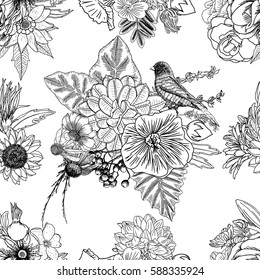 Bird, roses, Aster and chamomile,  with exotic leaves hand drawing seamless background pattern. Endless vector.