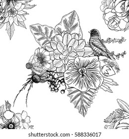 Bird, roses, Aster and chamomile,  with exotic leaves hand drawing seamless background pattern. Endless vector.