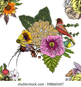 Bird, roses, Aster and chamomile,  with exotic leaves hand drawing seamless background pattern. Endless vector.