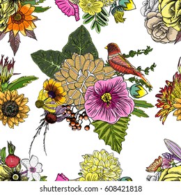 Bird, roses, Aster and chamomile,  with exotic leaves hand drawing seamless background pattern. Endless vector.