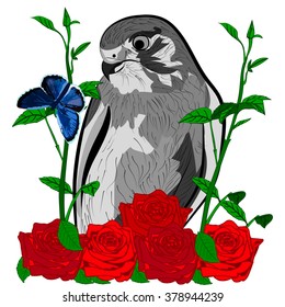 bird  roses and blue butterfly 