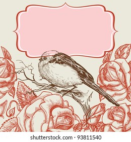 Bird and roses invitation template with frame for text