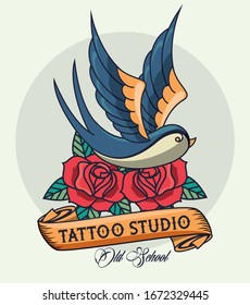 bird and roses tattoo studio image artistic vector illustration design