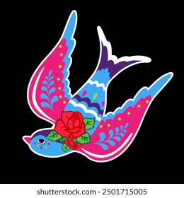 Bird with roses in traditional folk style. Flying swallow.