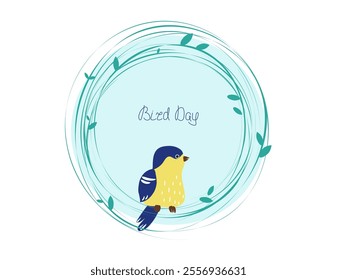 Bird in a round frame. Bright bird sitting on a branch, border. National Bird Day. Background for postcard, banner, place for text. Hand lettering, festive background