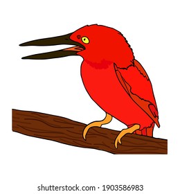 Vogel rosafarbener Rückenfänger mit rotem Kopf und Flügel. Vektorgrafik von rotem Vogel auf Baum einzeln auf weißem Hintergrund. Kingfisher mit offenem rotem Schnabel sitzt auf dem Ast. Farbiger Wildvogelvektor