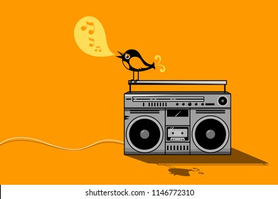 Bird Sat On A Boombox Cartoon Vector Illustration