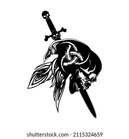 Bird from Scandinavian myths. Raven,  skull and Viking sword. Sacred symbol. Crow. Celtic sign. Black tribal animals tattoo. Triskelion. Triskele. Grange style. Illustrations for t shirt print.