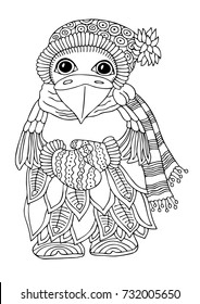 Bird in scarf cap and gloves. Winter mood. Hand drawn sketch for anti-stress adult coloring book in zen-tangle style. Vector illustration  for coloring page.