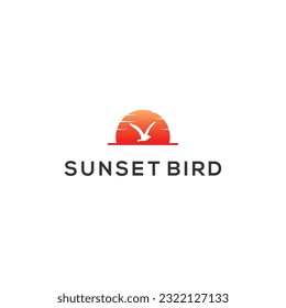 bird seagull fly on sunset logo vector illustration design