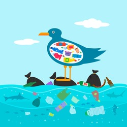 Bird Seagull With A Full Belly Of Garbage. The Concept Of Warming The World And Pollution Of The Seas And Oceans. Vector Illustration